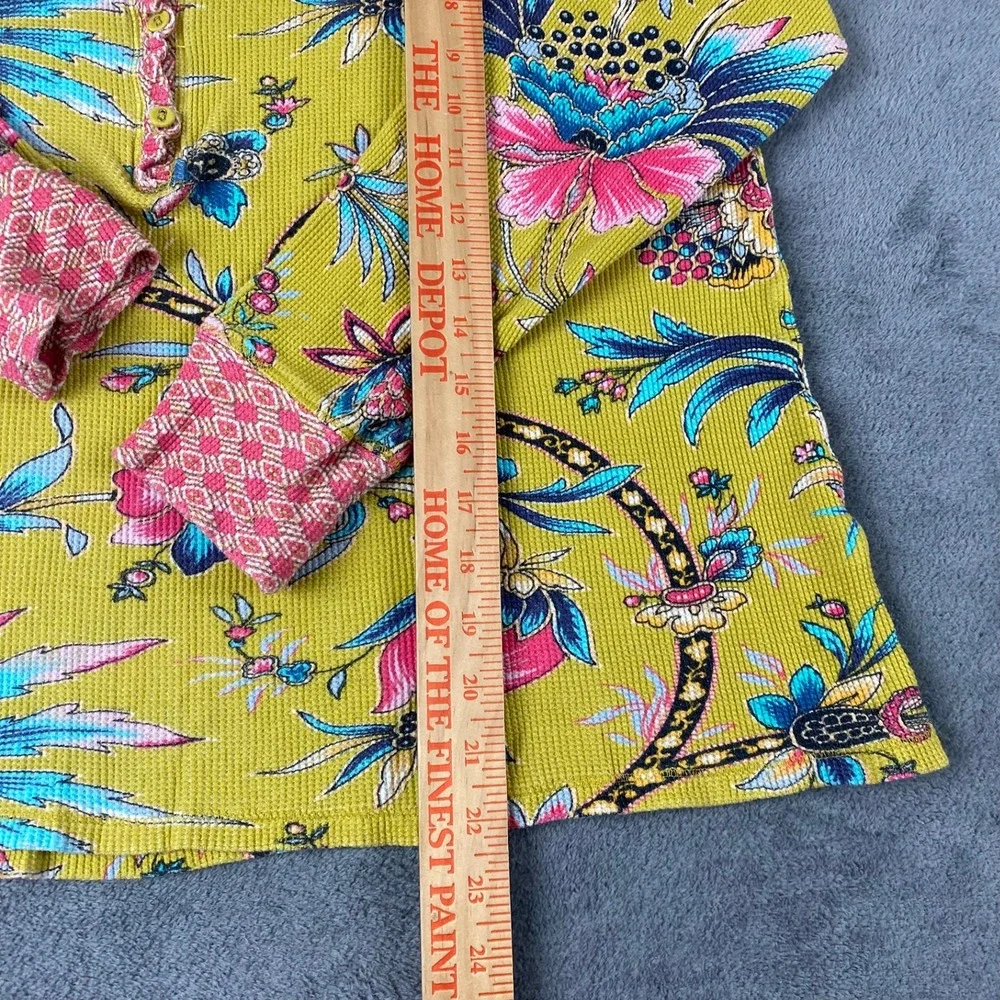Sundance Women Large Pajama Set Yellow Floral Waffle Knit Cotton Henley Joggers